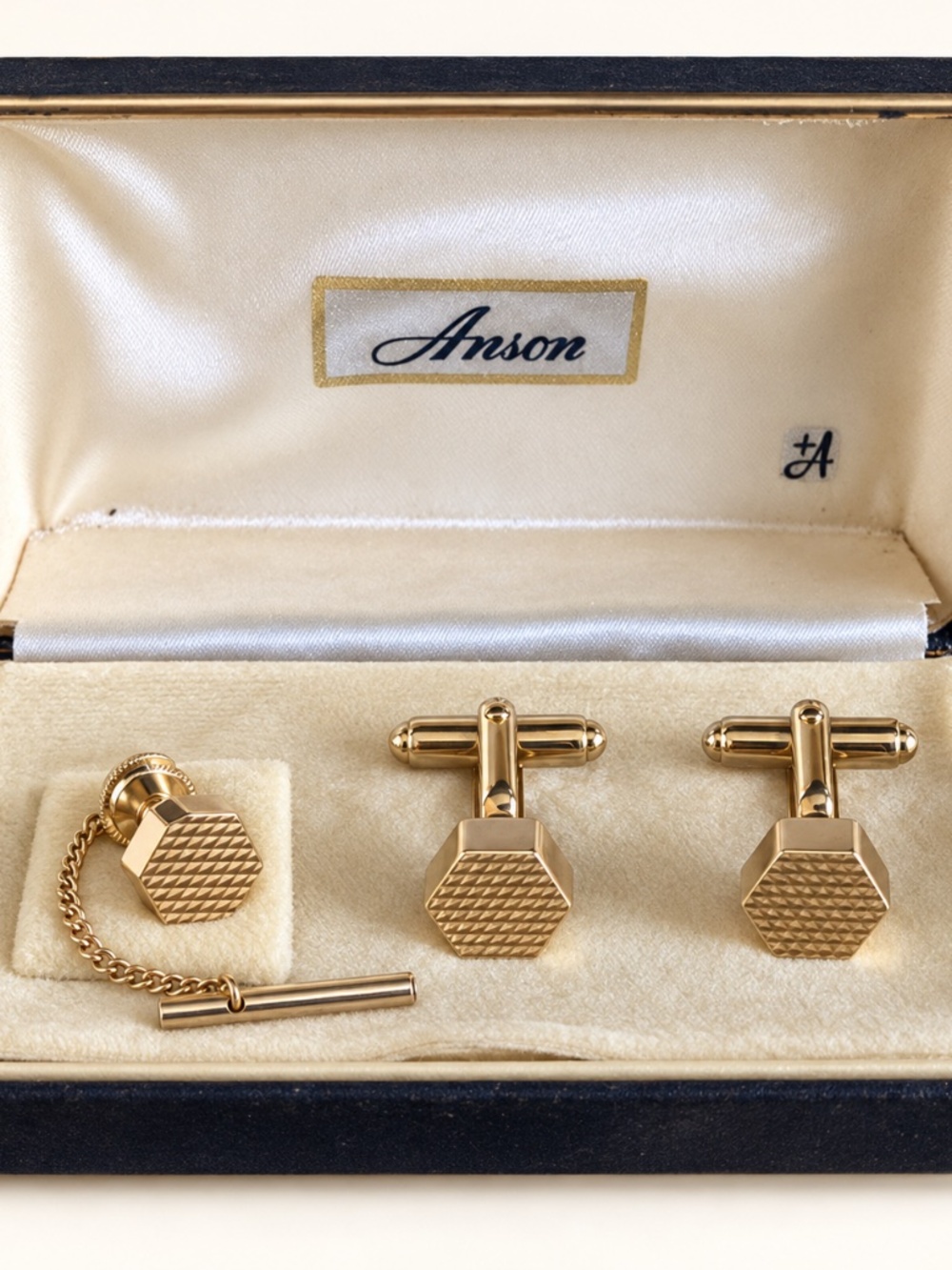 Anson Gold Tone Hexagon Cufflinks & Tie Tack Set NOS